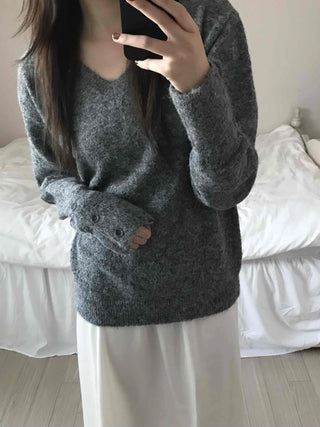 Fluffy Texture Sleeve Button V-Neck Loose Fit Knit