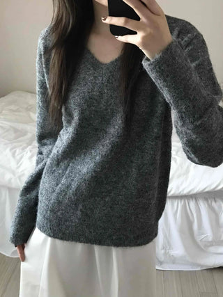 Fluffy Texture Sleeve Button V-Neck Loose Fit Knit
