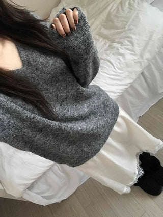 Fluffy Texture Sleeve Button V-Neck Loose Fit Knit