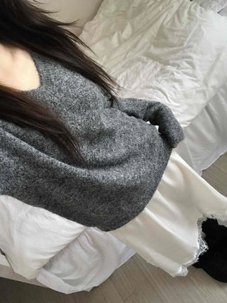 Fluffy Texture Sleeve Button V-Neck Loose Fit Knit
