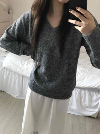 Fluffy Texture Sleeve Button V-Neck Loose Fit Knit