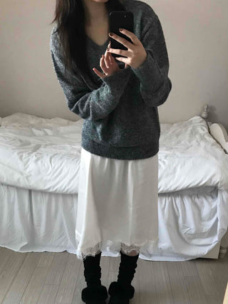 Fluffy Texture Sleeve Button V-Neck Loose Fit Knit