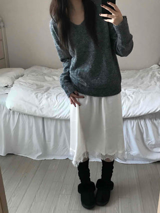 Fluffy Texture Sleeve Button V-Neck Loose Fit Knit