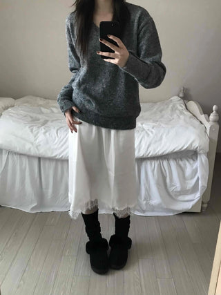 Fluffy Texture Sleeve Button V-Neck Loose Fit Knit