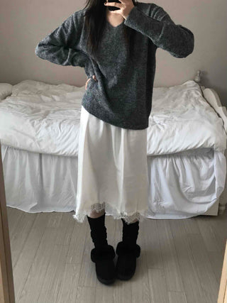 Fluffy Texture Sleeve Button V-Neck Loose Fit Knit