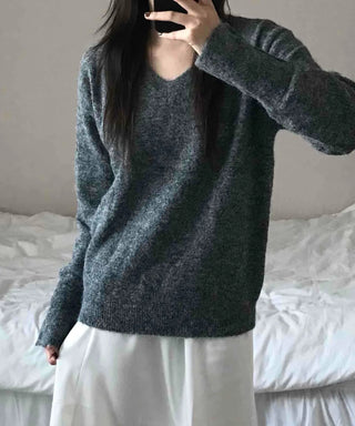 Fluffy Texture Sleeve Button V-Neck Loose Fit Knit