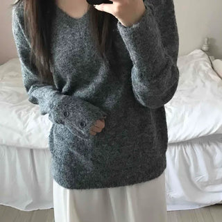 Fluffy Texture Sleeve Button V-Neck Loose Fit Knit