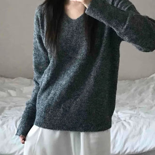 Fluffy Texture Sleeve Button V-Neck Loose Fit Knit