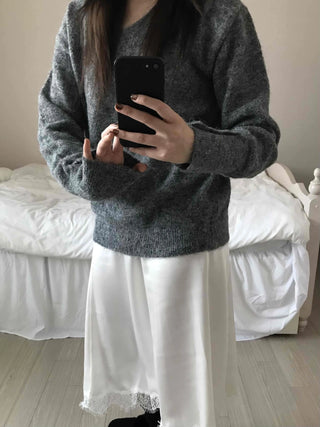 Fluffy Texture Sleeve Button V-Neck Loose Fit Knit