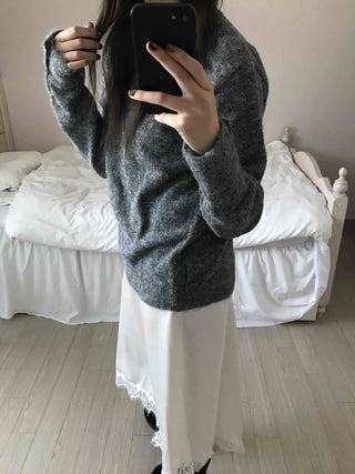 Fluffy Texture Sleeve Button V-Neck Loose Fit Knit