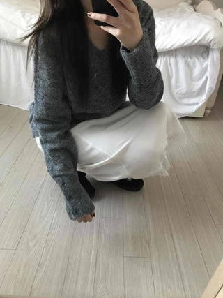 Fluffy Texture Sleeve Button V-Neck Loose Fit Knit