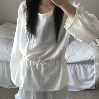 Puff Sleeve Waist String Point Peplum Blouse