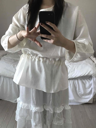 Puff Sleeve Waist String Point Peplum Blouse