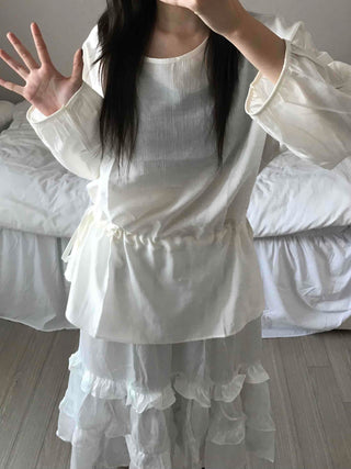 Puff Sleeve Waist String Point Peplum Blouse