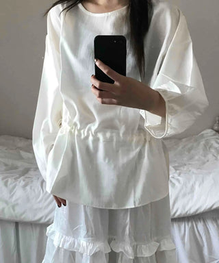 Puff Sleeve Waist String Point Peplum Blouse