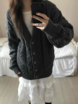 Vintage Cable V-Neck Oversized Knit Cardigan