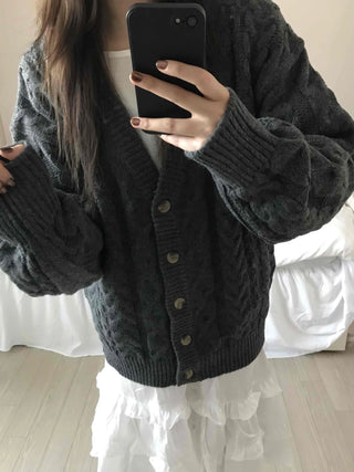 Vintage Cable V-Neck Oversized Knit Cardigan