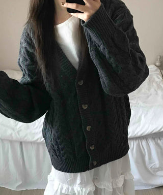 Vintage Cable V-Neck Oversized Knit Cardigan
