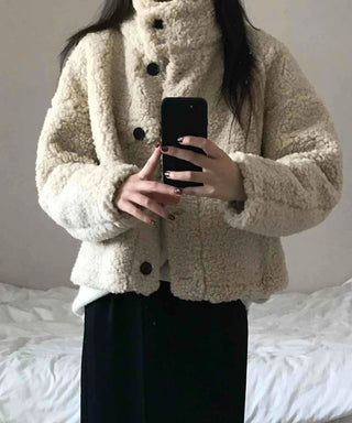 High-neck Button Detail Teddy Bear Jacket