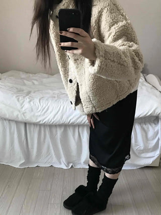High-neck Button Detail Teddy Bear Jacket