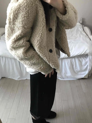 High-neck Button Detail Teddy Bear Jacket