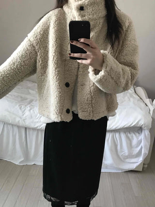 High-neck Button Detail Teddy Bear Jacket