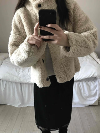 High-neck Button Detail Teddy Bear Jacket