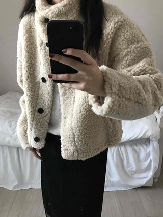 High-neck Button Detail Teddy Bear Jacket
