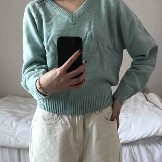 Soft Cable V-Neck Drop Shoulder Crop Knit