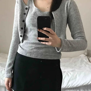 Round Neck Ribbed Sleeveless Knit + Button Cardigan Set
