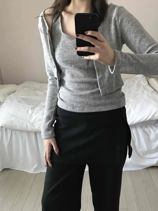 Round Neck Ribbed Sleeveless Knit + Button Cardigan Set