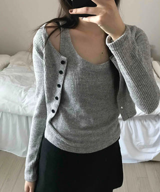 Round Neck Ribbed Sleeveless Knit + Button Cardigan Set