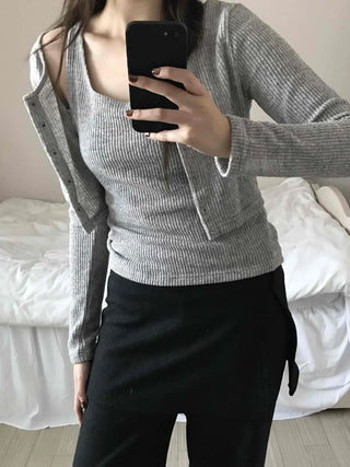 Round Neck Ribbed Sleeveless Knit + Button Cardigan Set