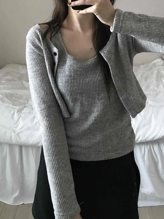 Round Neck Ribbed Sleeveless Knit + Button Cardigan Set