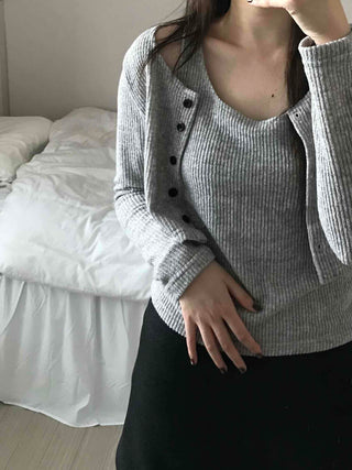 Round Neck Ribbed Sleeveless Knit + Button Cardigan Set
