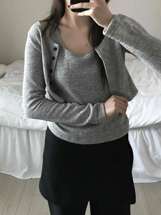 Round Neck Ribbed Sleeveless Knit + Button Cardigan Set