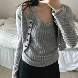 Round Neck Ribbed Sleeveless Knit + Button Cardigan Set
