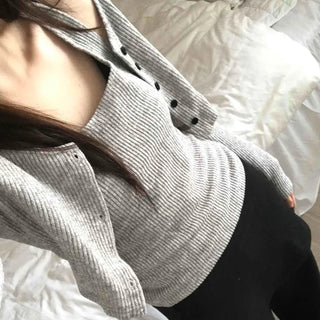 Round Neck Ribbed Sleeveless Knit + Button Cardigan Set