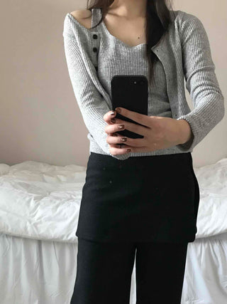 Round Neck Ribbed Sleeveless Knit + Button Cardigan Set