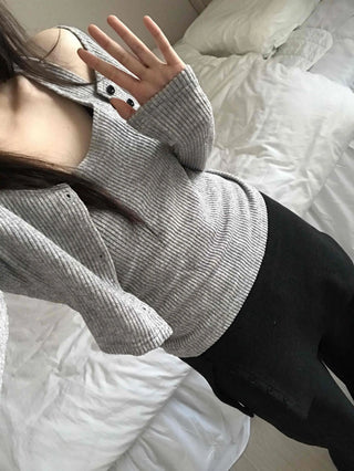 Round Neck Ribbed Sleeveless Knit + Button Cardigan Set