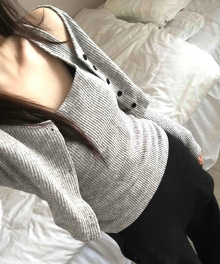 Round Neck Ribbed Sleeveless Knit + Button Cardigan Set