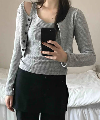 Round Neck Ribbed Sleeveless Knit + Button Cardigan Set