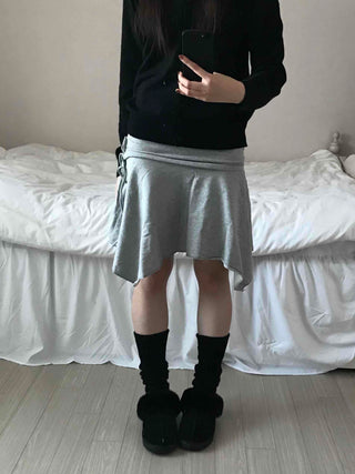 Simple Sweat Asymmetrical Flare Tassel Skirt