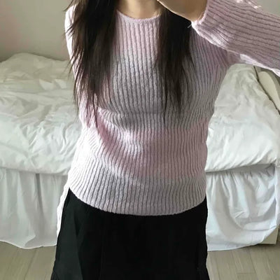 Round Neck Mohair Ribbed Slim Knit