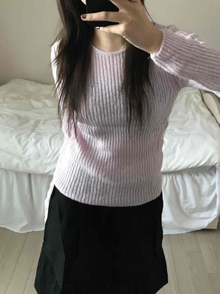 Round Neck Mohair Ribbed Slim Knit
