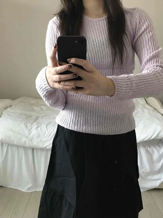 Round Neck Mohair Ribbed Slim Knit
