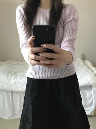 Round Neck Mohair Ribbed Slim Knit