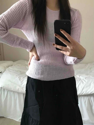 Round Neck Mohair Ribbed Slim Knit
