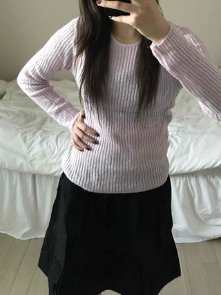 Round Neck Mohair Ribbed Slim Knit