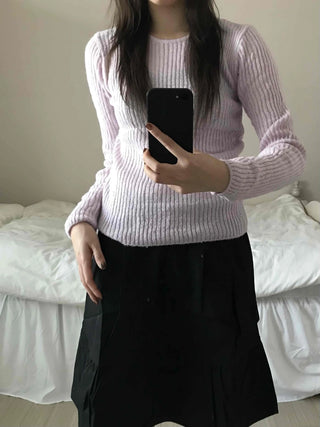 Round Neck Mohair Ribbed Slim Knit